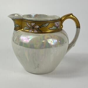 Antique Jean Pouyat Limoges Pitcher 4" Art Deco Glazed Pearlescent 1900s Gold